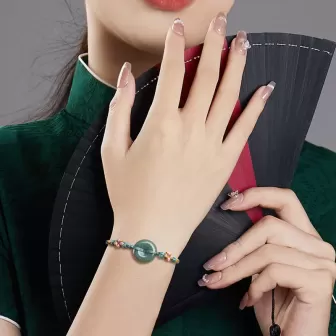 Bean-Green Jade Peace Buckle Bracelet – Type A Natural Jade | Peach Blossom Knot Handwoven Lucky Charm | Adjustable | Wood Eleme 2