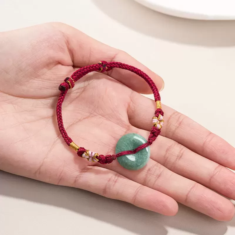 Bean-Green Jade Peace Buckle Bracelet – Type A Natural Jade | Peach Blossom Knot Handwoven Lucky Charm | Adjustable | Wood Eleme