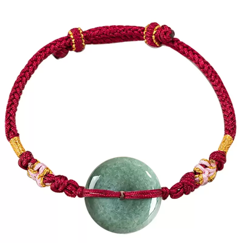Bean-Green Jade Peace Buckle Bracelet – Type A Natural Jade | Peach Blossom Knot Handwoven Lucky Charm | Adjustable | Wood Eleme