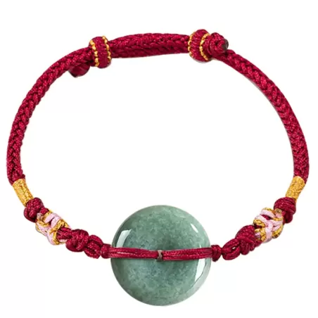 Bean-Green Jade Peace Buckle Bracelet – Type A Natural Jade | Peach Blossom Knot Handwoven Lucky Charm | Adjustable | Wood Eleme