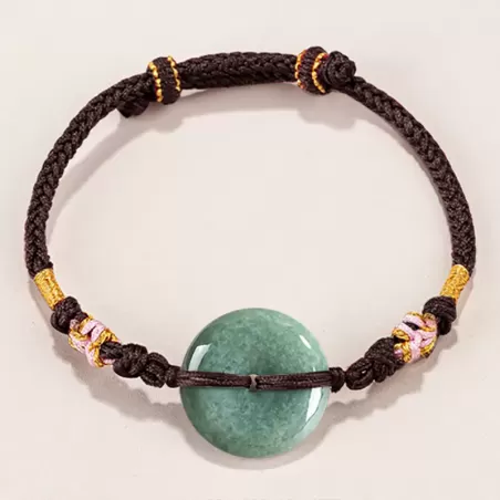 Bean-Green Jade Peace Buckle Bracelet – Type A Natural Jade | Peach Blossom Knot Handwoven Lucky Charm | Adjustable | Wood Eleme