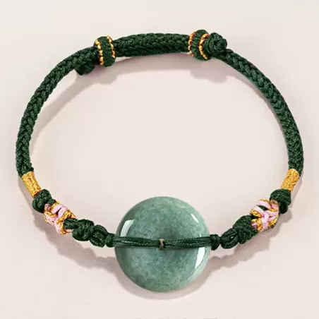 Bean-Green Jade Peace Buckle Bracelet – Type A Natural Jade | Peach Blossom Knot Handwoven Lucky Charm | Adjustable | Wood Eleme