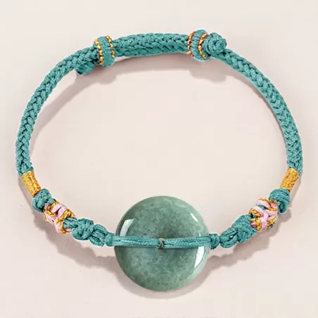Bean-Green Jade Peace Buckle Bracelet – Type A Natural Jade | Peach Blossom Knot Handwoven Lucky Charm | Adjustable | Wood Eleme