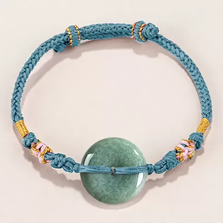 Bean-Green Jade Peace Buckle Bracelet – Type A Natural Jade | Peach Blossom Knot Handwoven Lucky Charm | Adjustable | Wood Eleme