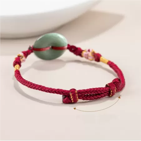 Bean-Green Jade Peace Buckle Bracelet – Type A Natural Jade | Peach Blossom Knot Handwoven Lucky Charm | Adjustable | Wood Eleme