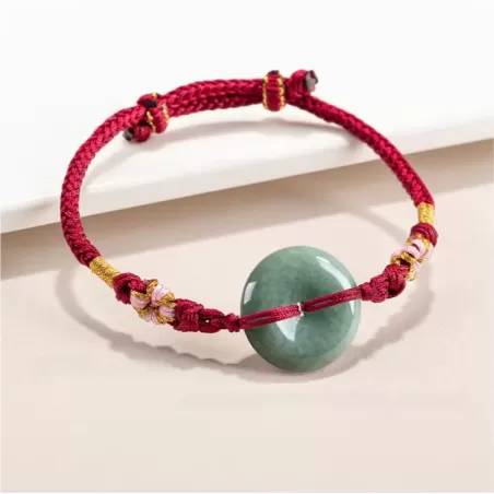 Bean-Green Jade Peace Buckle Bracelet – Type A Natural Jade | Peach Blossom Knot Handwoven Lucky Charm | Adjustable | Wood Eleme