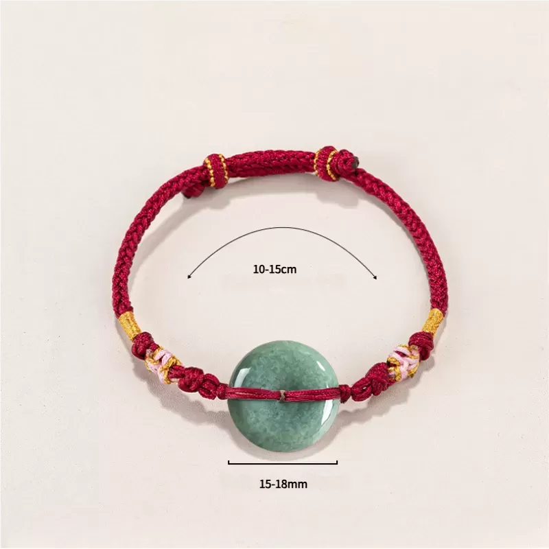 Bean-Green Jade Peace Buckle Bracelet – Type A Natural Jade | Peach Blossom Knot Handwoven Lucky Charm | Adjustable | Wood Eleme
