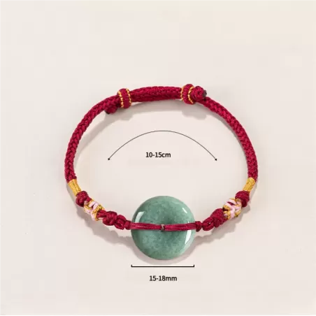 Bean-Green Jade Peace Buckle Bracelet – Type A Natural Jade | Peach Blossom Knot Handwoven Lucky Charm | Adjustable | Wood Eleme