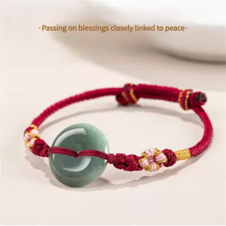 Bean-Green Jade Peace Buckle Bracelet – Type A Natural Jade | Peach Blossom Knot Handwoven Lucky Charm | Adjustable | Wood Eleme