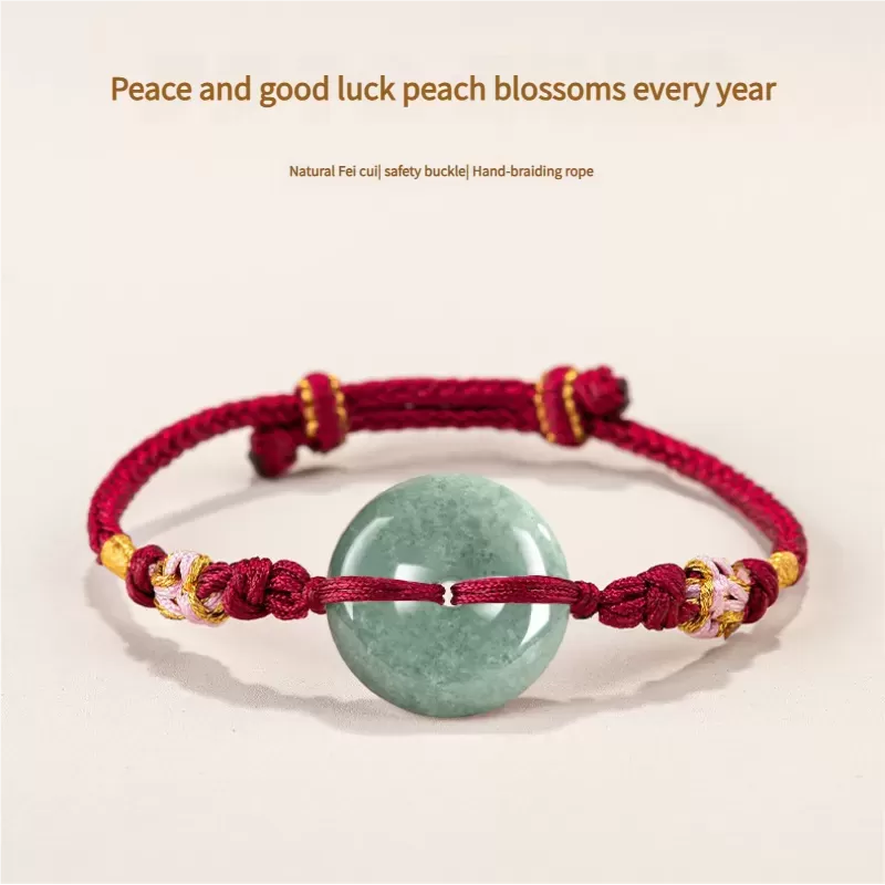 Bean-Green Jade Peace Buckle Bracelet – Type A Natural Jade | Peach Blossom Knot Handwoven Lucky Charm | Adjustable | Wood Eleme