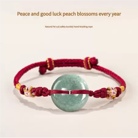 Bean-Green Jade Peace Buckle Bracelet – Type A Natural Jade | Peach Blossom Knot Handwoven Lucky Charm | Adjustable | Wood Eleme