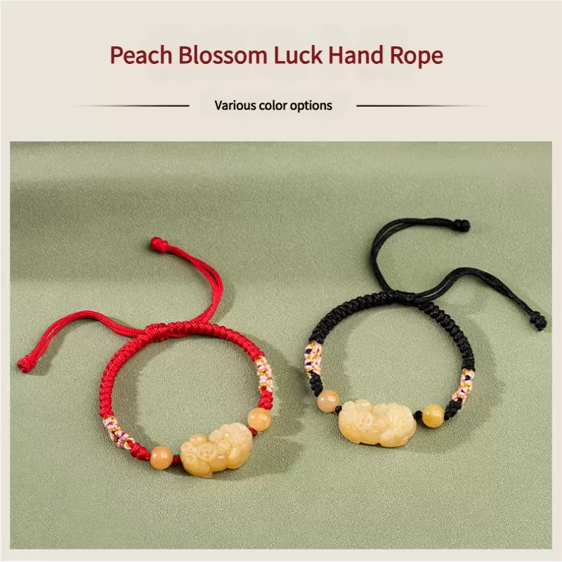 Bean-Green Jade Peace Buckle Bracelet – Type A Natural Jade | Peach Blossom Knot Handwoven Lucky Charm | Adjustable | Wood Eleme