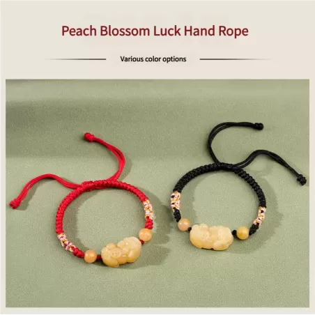 Bean-Green Jade Peace Buckle Bracelet – Type A Natural Jade | Peach Blossom Knot Handwoven Lucky Charm | Adjustable | Wood Eleme