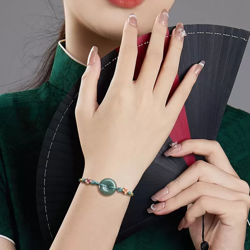 Bean-Green Jade Peace Buckle Bracelet – Type A Natural Jade | Peach Blossom Knot Handwoven Lucky Charm | Adjustable | Wood Eleme