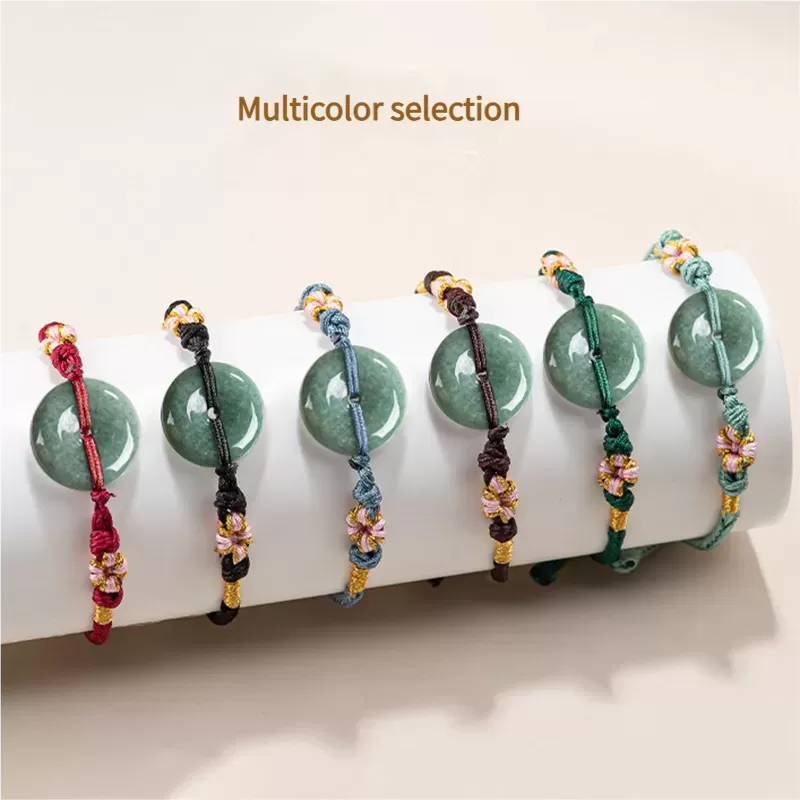 Bean-Green Jade Peace Buckle Bracelet – Type A Natural Jade | Peach Blossom Knot Handwoven Lucky Charm | Adjustable | Wood Eleme