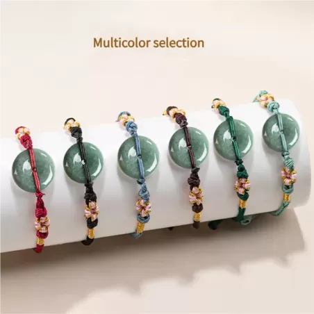 Bean-Green Jade Peace Buckle Bracelet – Type A Natural Jade | Peach Blossom Knot Handwoven Lucky Charm | Adjustable | Wood Eleme