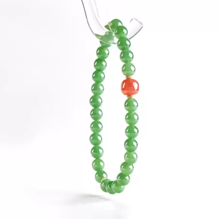 Hetian Green Jade & South Red Agate Bracelet – Natural Vintage-Style Women's Jewelry | Auspicious Gemstone Gift | Wood Element E