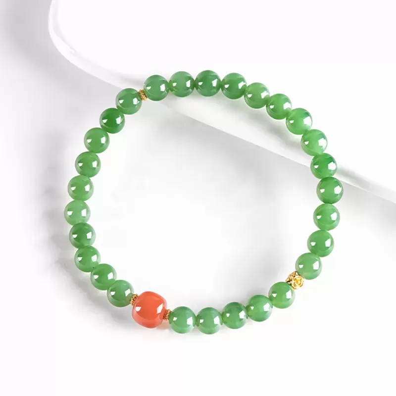 Hetian Green Jade & South Red Agate Bracelet – Natural Vintage-Style Women's Jewelry | Auspicious Gemstone Gift | Wood Element E