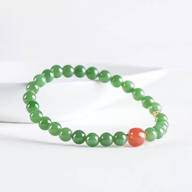Hetian Green Jade & South Red Agate Bracelet – Natural Vintage-Style Women's Jewelry | Auspicious Gemstone Gift | Wood Element E