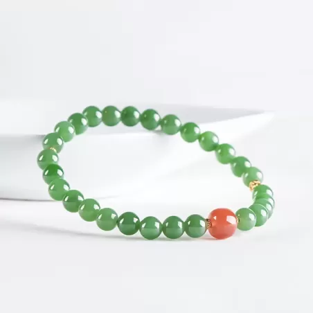 Hetian Green Jade & South Red Agate Bracelet – Natural Vintage-Style Women's Jewelry | Auspicious Gemstone Gift | Wood Element E