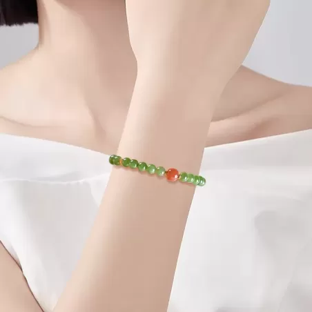 Hetian Green Jade & South Red Agate Bracelet – Natural Vintage-Style Women's Jewelry | Auspicious Gemstone Gift | Wood Element E