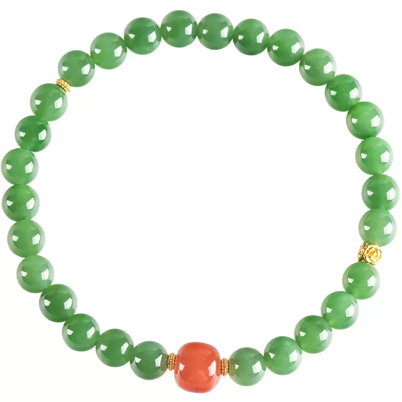 Hetian Green Jade & South Red Agate Bracelet – Natural Vintage-Style Women's Jewelry | Auspicious Gemstone Gift | Wood Element E