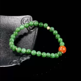 Hetian Green Jade & South Red Agate Bracelet – Natural Vintage-Style Women's Jewelry | Auspicious Gemstone Gift | Wood Element E