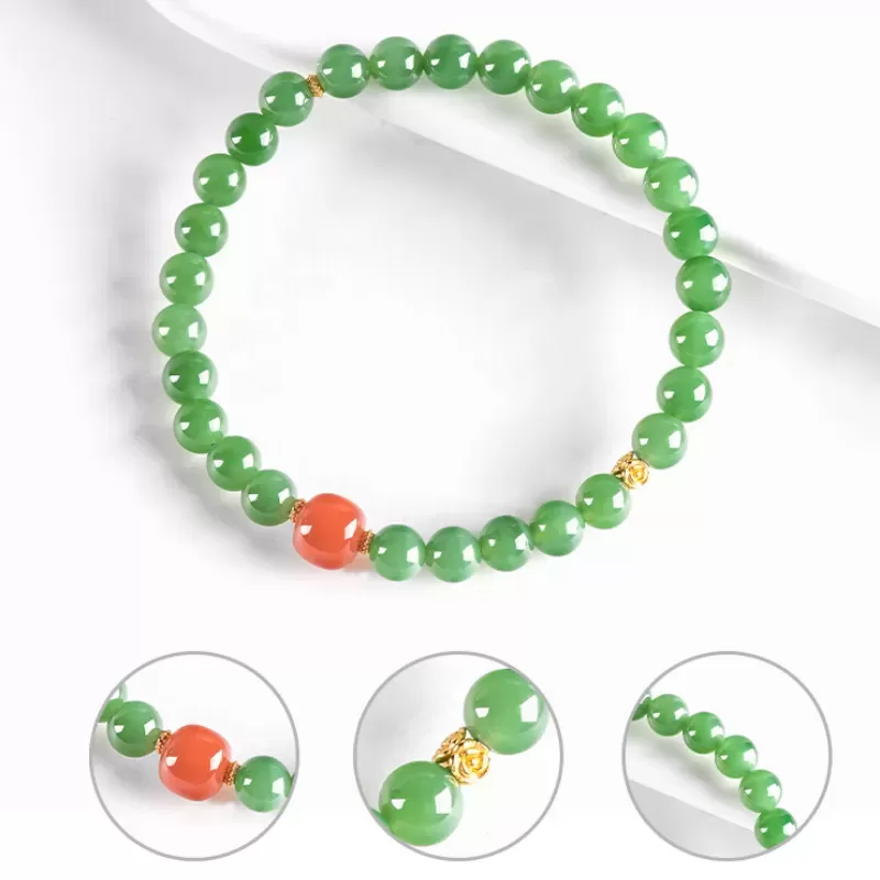 Hetian Green Jade & South Red Agate Bracelet – Natural Vintage-Style Women's Jewelry | Auspicious Gemstone Gift | Wood Element E