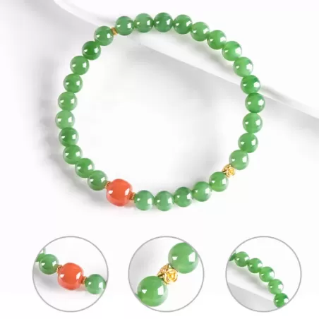 Hetian Green Jade & South Red Agate Bracelet – Natural Vintage-Style Women's Jewelry | Auspicious Gemstone Gift | Wood Element E
