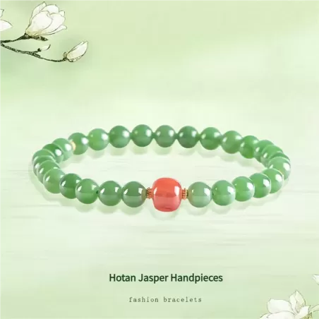 Hetian Green Jade & South Red Agate Bracelet – Natural Vintage-Style Women's Jewelry | Auspicious Gemstone Gift | Wood Element E