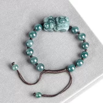 Blue Water Jade Pixiu Bracelet – Natural Type A Ice Jade | Hand-Carved Wealth Charm | Adjustable Woven Cord | Water Element Ener