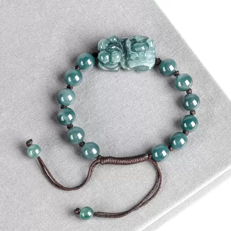 Blue Water Jade Pixiu Bracelet – Natural Type A Ice Jade | Hand-Carved Wealth Charm | Adjustable Woven Cord | Water Element Ener
