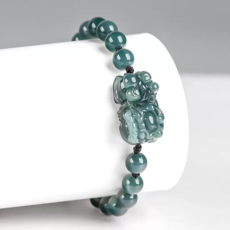 Blue Water Jade Pixiu Bracelet – Natural Type A Ice Jade | Hand-Carved Wealth Charm | Adjustable Woven Cord | Water Element Ener