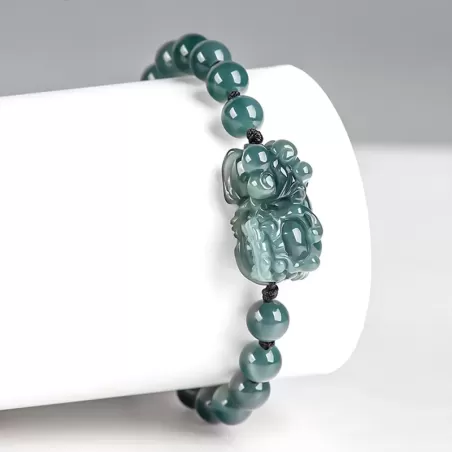 Blue Water Jade Pixiu Bracelet – Natural Type A Ice Jade | Hand-Carved Wealth Charm | Adjustable Woven Cord | Water Element Ener
