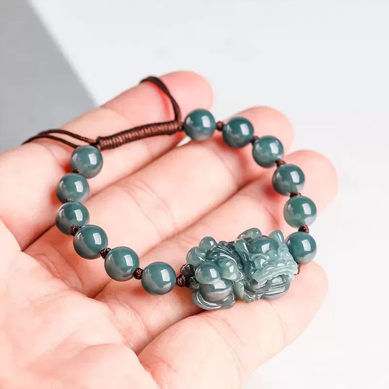 Blue Water Jade Pixiu Bracelet – Natural Type A Ice Jade | Hand-Carved Wealth Charm | Adjustable Woven Cord | Water Element Ener