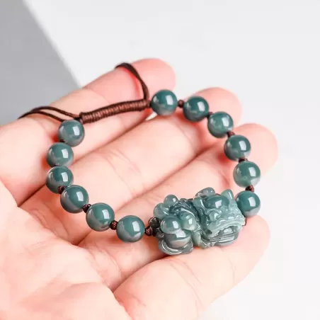 Blue Water Jade Pixiu Bracelet – Natural Type A Ice Jade | Hand-Carved Wealth Charm | Adjustable Woven Cord | Water Element Ener