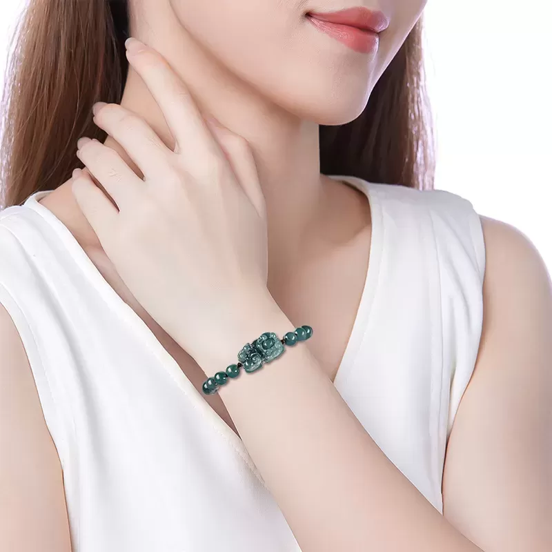Blue Water Jade Pixiu Bracelet – Natural Type A Ice Jade | Hand-Carved Wealth Charm | Adjustable Woven Cord | Water Element Ener