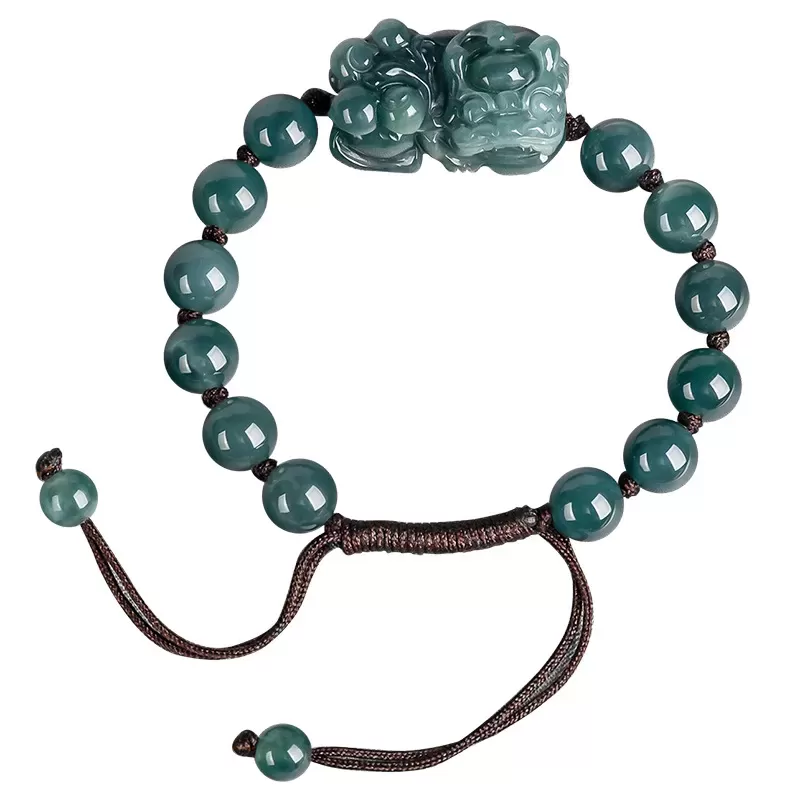 Blue Water Jade Pixiu Bracelet – Natural Type A Ice Jade | Hand-Carved Wealth Charm | Adjustable Woven Cord | Water Element Ener
