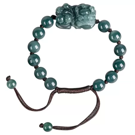 Blue Water Jade Pixiu Bracelet – Natural Type A Ice Jade | Hand-Carved Wealth Charm | Adjustable Woven Cord | Water Element Ener