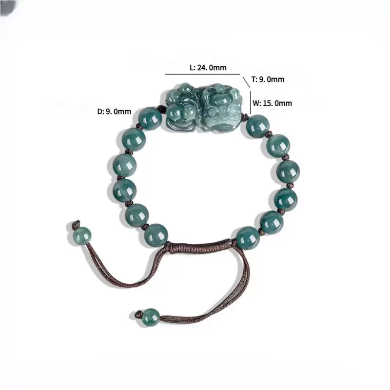 Blue Water Jade Pixiu Bracelet – Natural Type A Ice Jade | Hand-Carved Wealth Charm | Adjustable Woven Cord | Water Element Ener