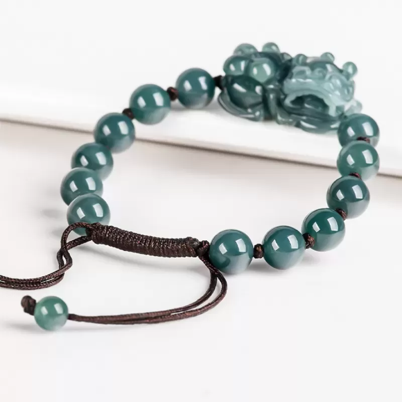 Blue Water Jade Pixiu Bracelet – Natural Type A Ice Jade | Hand-Carved Wealth Charm | Adjustable Woven Cord | Water Element Ener