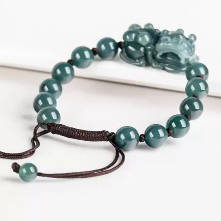 Blue Water Jade Pixiu Bracelet – Natural Type A Ice Jade | Hand-Carved Wealth Charm | Adjustable Woven Cord | Water Element Ener