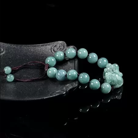 Blue Water Jade Pixiu Bracelet – Natural Type A Ice Jade | Hand-Carved Wealth Charm | Adjustable Woven Cord | Water Element Ener