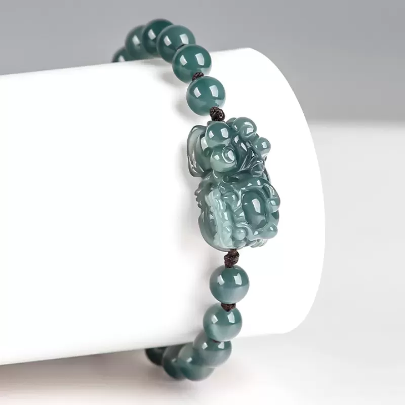 Blue Water Jade Pixiu Bracelet – Natural Type A Ice Jade | Hand-Carved Wealth Charm | Adjustable Woven Cord | Water Element Ener