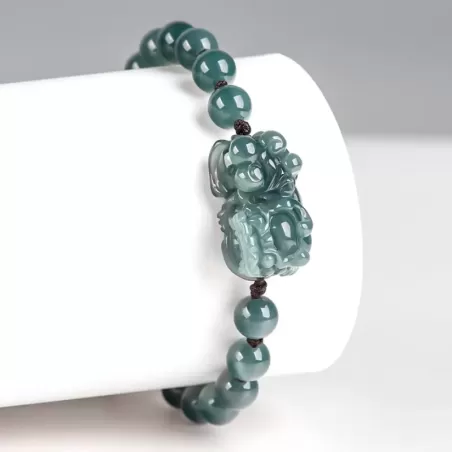 Blue Water Jade Pixiu Bracelet – Natural Type A Ice Jade | Hand-Carved Wealth Charm | Adjustable Woven Cord | Water Element Ener