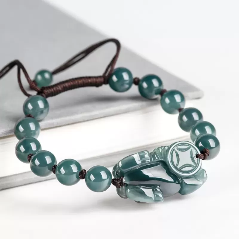 Blue Water Jade Pixiu Bracelet – Natural Type A Ice Jade | Hand-Carved Wealth Charm | Adjustable Woven Cord | Water Element Ener