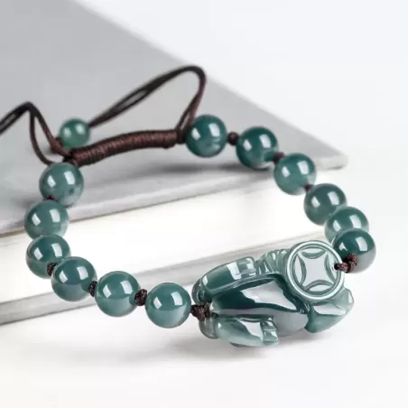 Blue Water Jade Pixiu Bracelet – Natural Type A Ice Jade | Hand-Carved Wealth Charm | Adjustable Woven Cord | Water Element Ener