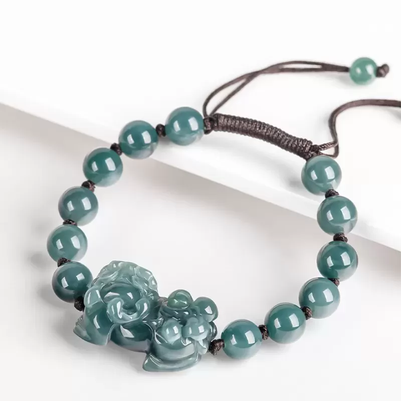 Blue Water Jade Pixiu Bracelet – Natural Type A Ice Jade | Hand-Carved Wealth Charm | Adjustable Woven Cord | Water Element Ener