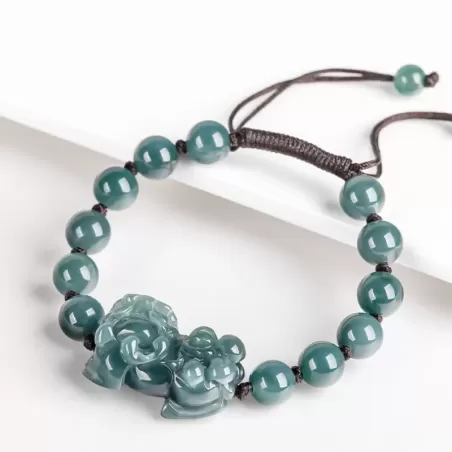 Blue Water Jade Pixiu Bracelet – Natural Type A Ice Jade | Hand-Carved Wealth Charm | Adjustable Woven Cord | Water Element Ener
