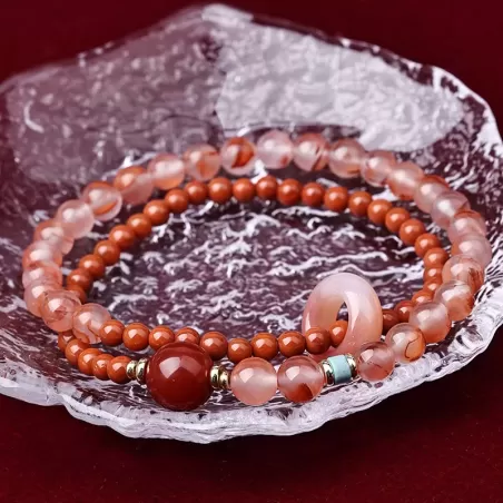 Ice-Veined & Persimmon Red South Red Agate Bracelet – Natural Double Wrap with Spinning Bead | Artistic Fire Element Jewelry